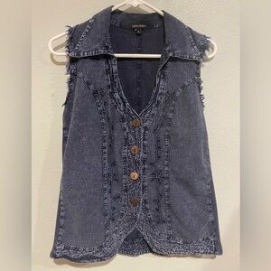Denim Sleeveless Vest with Floral Embroidery